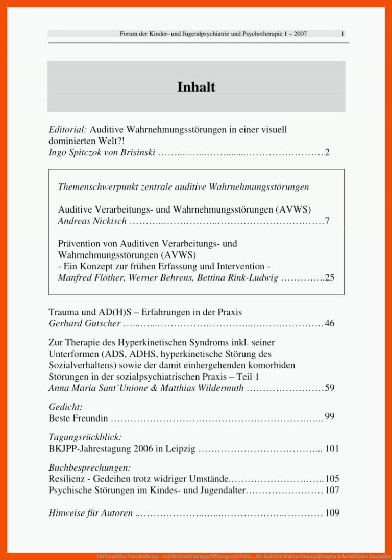 PDF) Auditive Verarbeitungs- und WahrnehmungsstÃ¶rungen (AVWS ... für auditive wahrnehmung übungen arbeitsblätter kostenlos