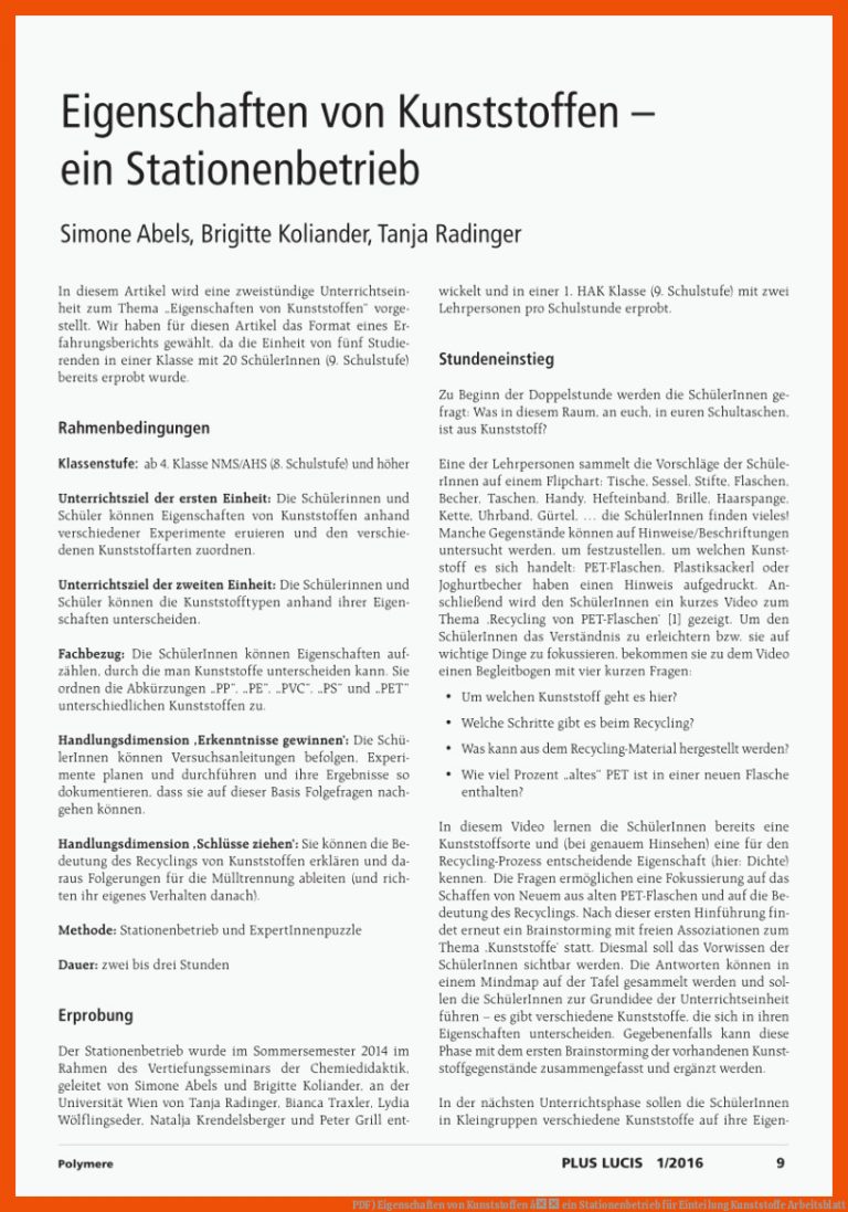 PDF) Eigenschaften von Kunststoffen â ein Stationenbetrieb für einteilung kunststoffe arbeitsblatt