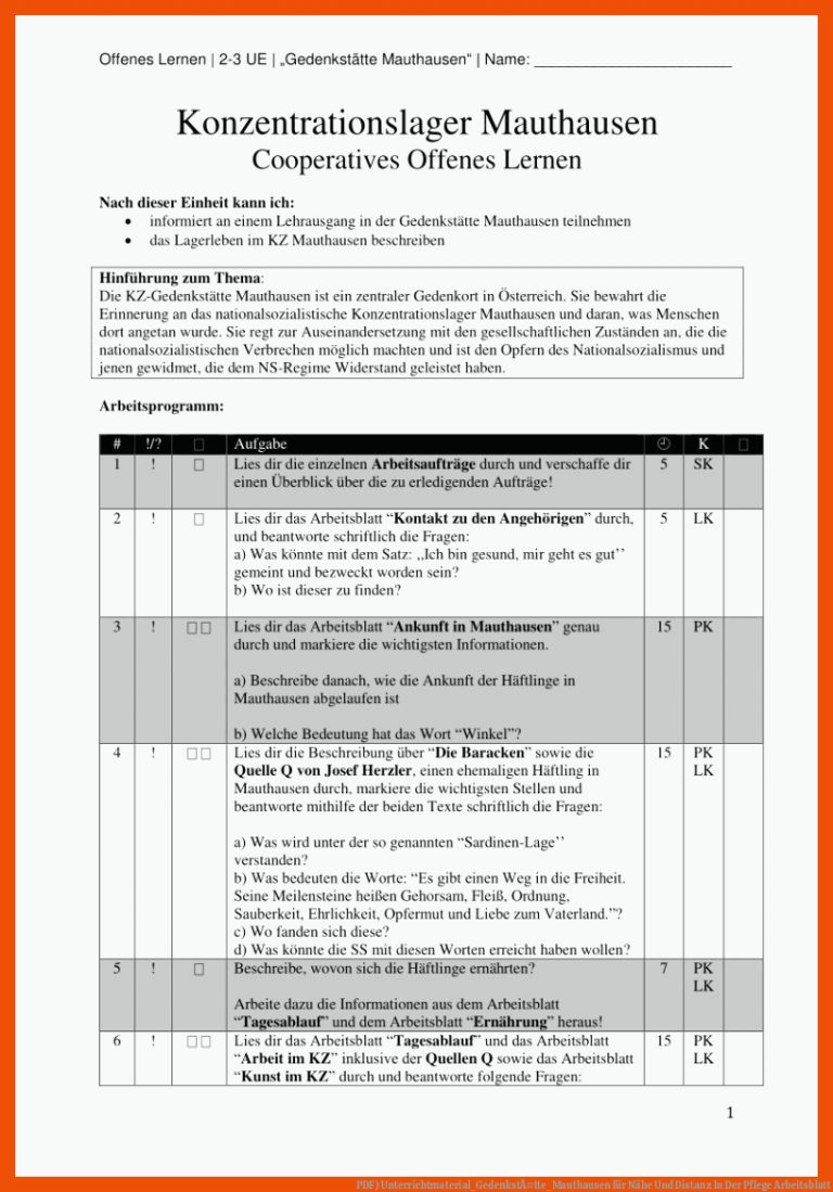 PDF) Unterrichtmaterial_GedenkstÃ¤tte_Mauthausen für nähe und distanz in der pflege arbeitsblatt