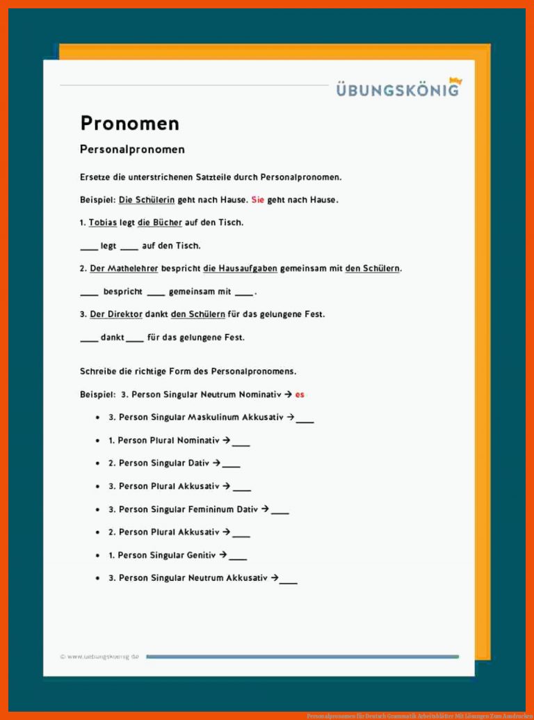 Personalpronomen für deutsch grammatik arbeitsblätter mit lösungen zum ausdrucken