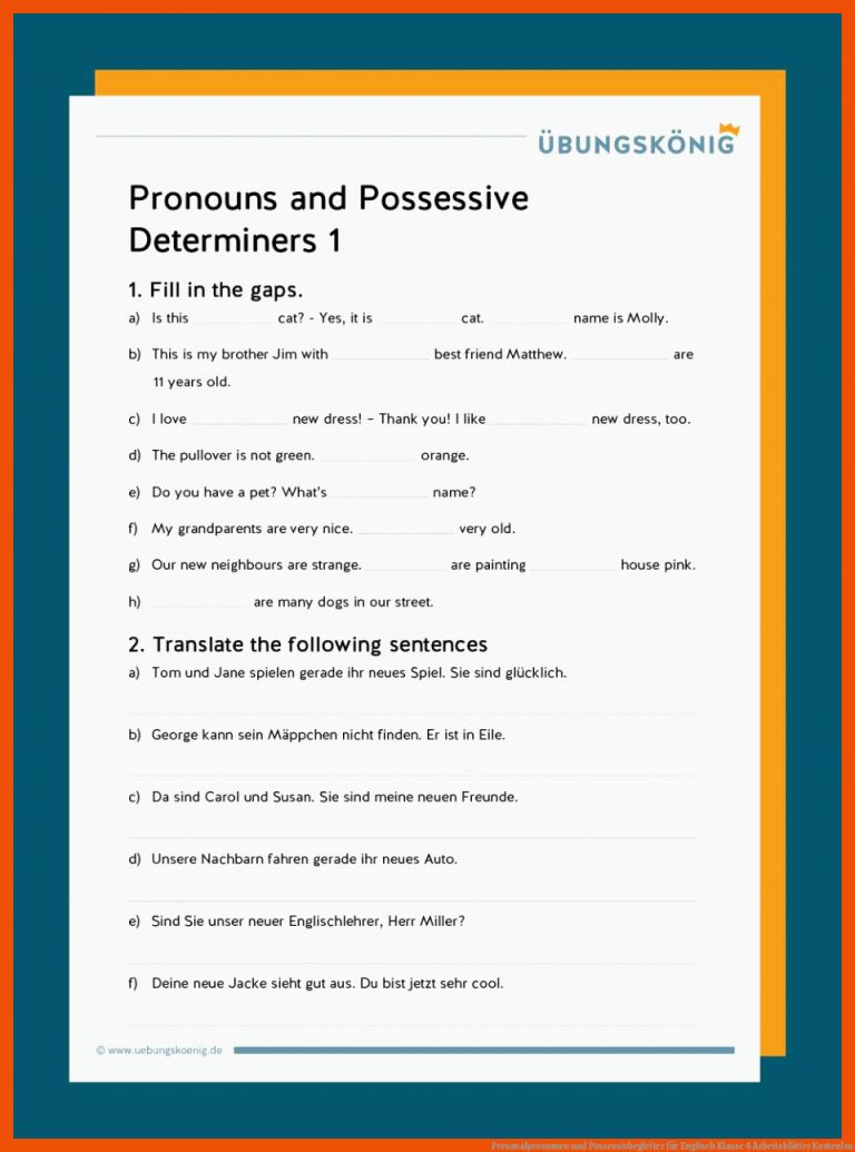 Personalpronomen und Possessivbegleiter für englisch klasse 4 arbeitsblätter kostenlos