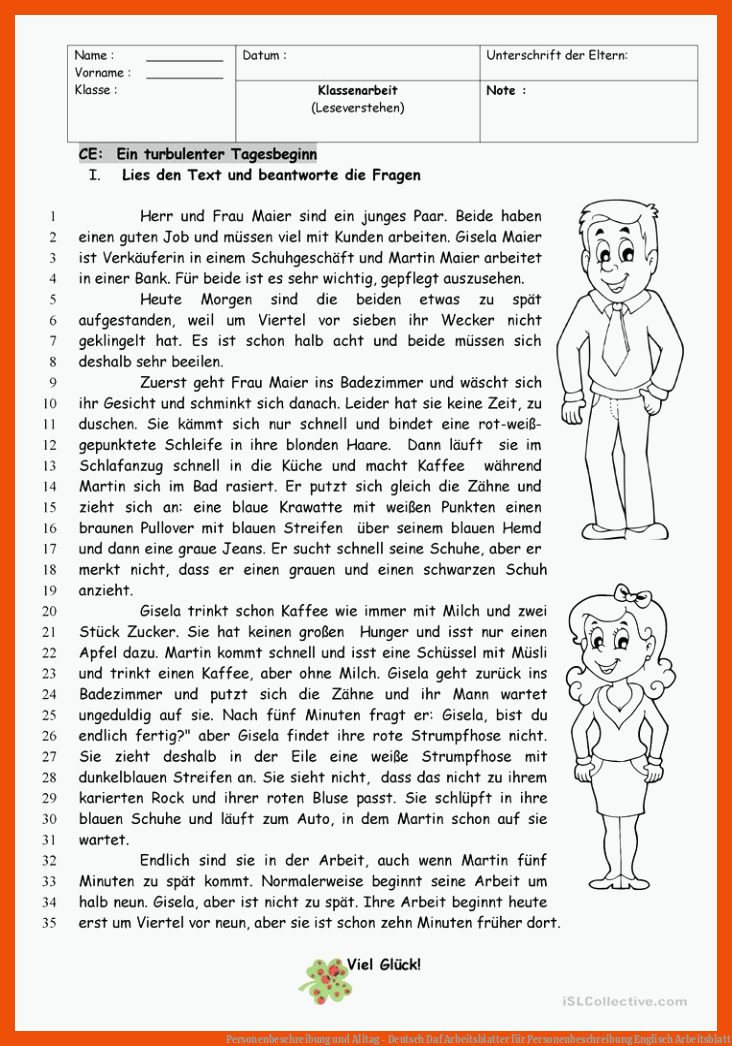 Personenbeschreibung und Alltag - Deutsch Daf Arbeitsblatter für personenbeschreibung englisch arbeitsblatt