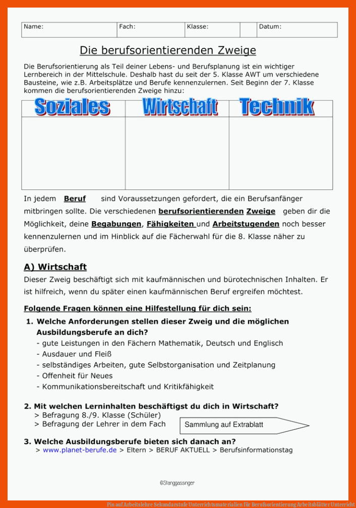 Pin auf Arbeitslehre Sekundarstufe Unterrichtsmaterialien für berufsorientierung arbeitsblätter unterricht