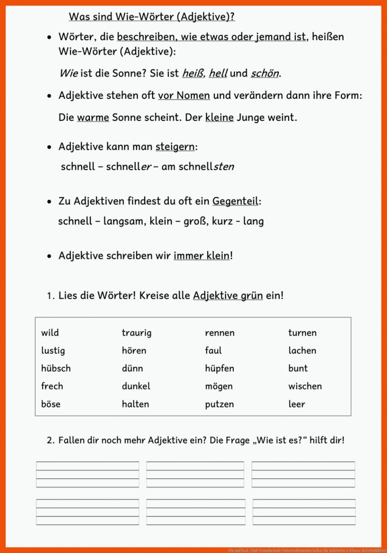 Pin auf DaZ / DaF Grundschule Unterrichtsmaterialien für adjektive 3 klasse arbeitsblätter