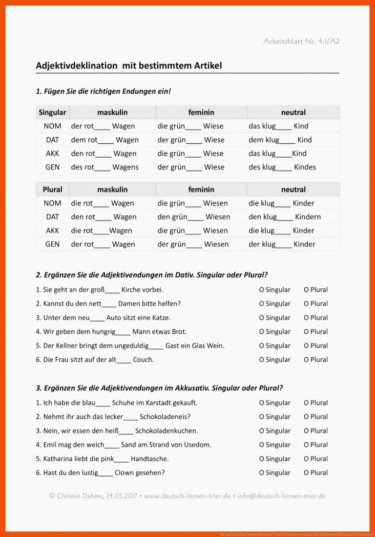Pin auf DaZ/DaF Sekundarstufe Unterrichtsmaterialien für adjektivdeklination arbeitsblatt