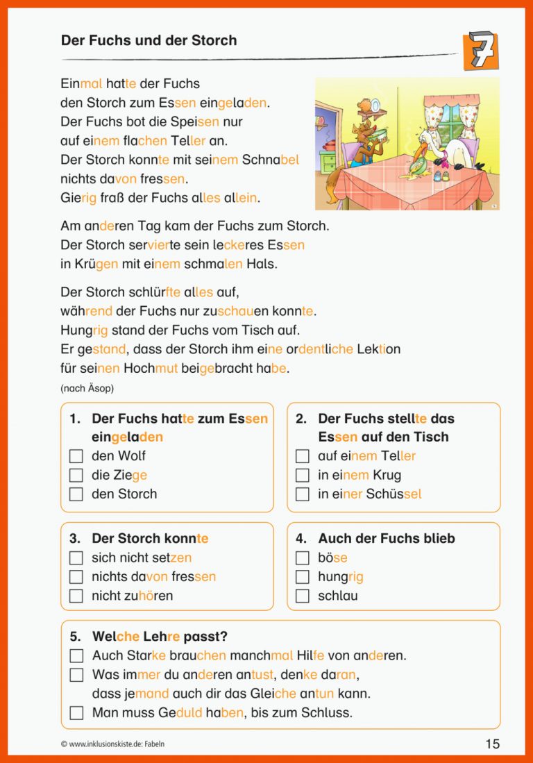 Pin Auf Deutsch Grundschule Unterrichtsmaterialien Fuer Der Fuchs Und Der Storch Arbeitsblatt