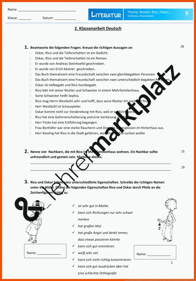 Pin auf Deutsch Grundschule Unterrichtsmaterialien für rico oskar und die tieferschatte arbeitsblätter lösungen