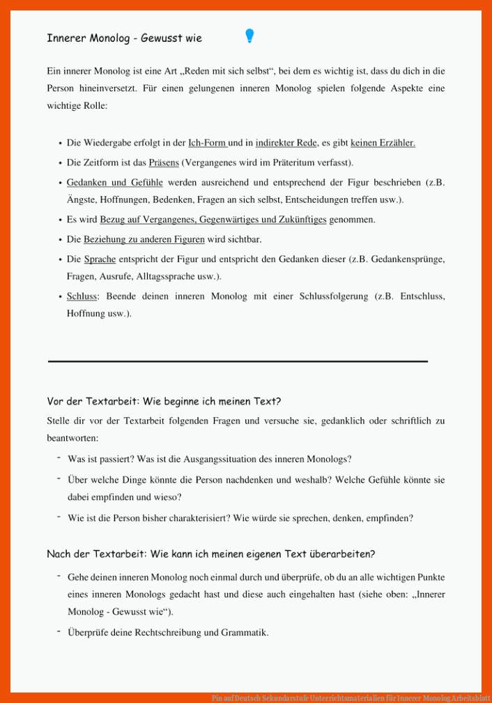 Pin auf Deutsch Sekundarstufe Unterrichtsmaterialien für innerer monolog arbeitsblatt