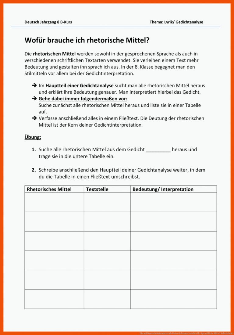 Pin auf Deutsch Sekundarstufe Unterrichtsmaterialien für sprachliche mittel arbeitsblatt