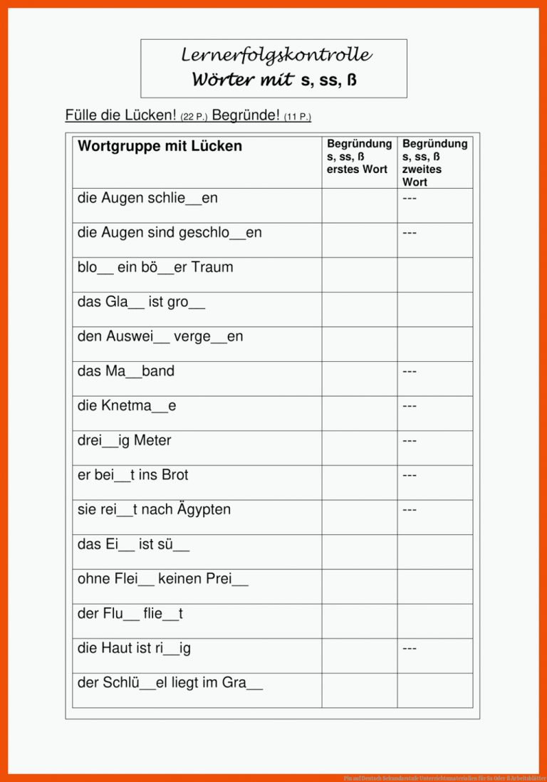 Pin auf Deutsch Sekundarstufe Unterrichtsmaterialien für ss oder ß arbeitsblätter
