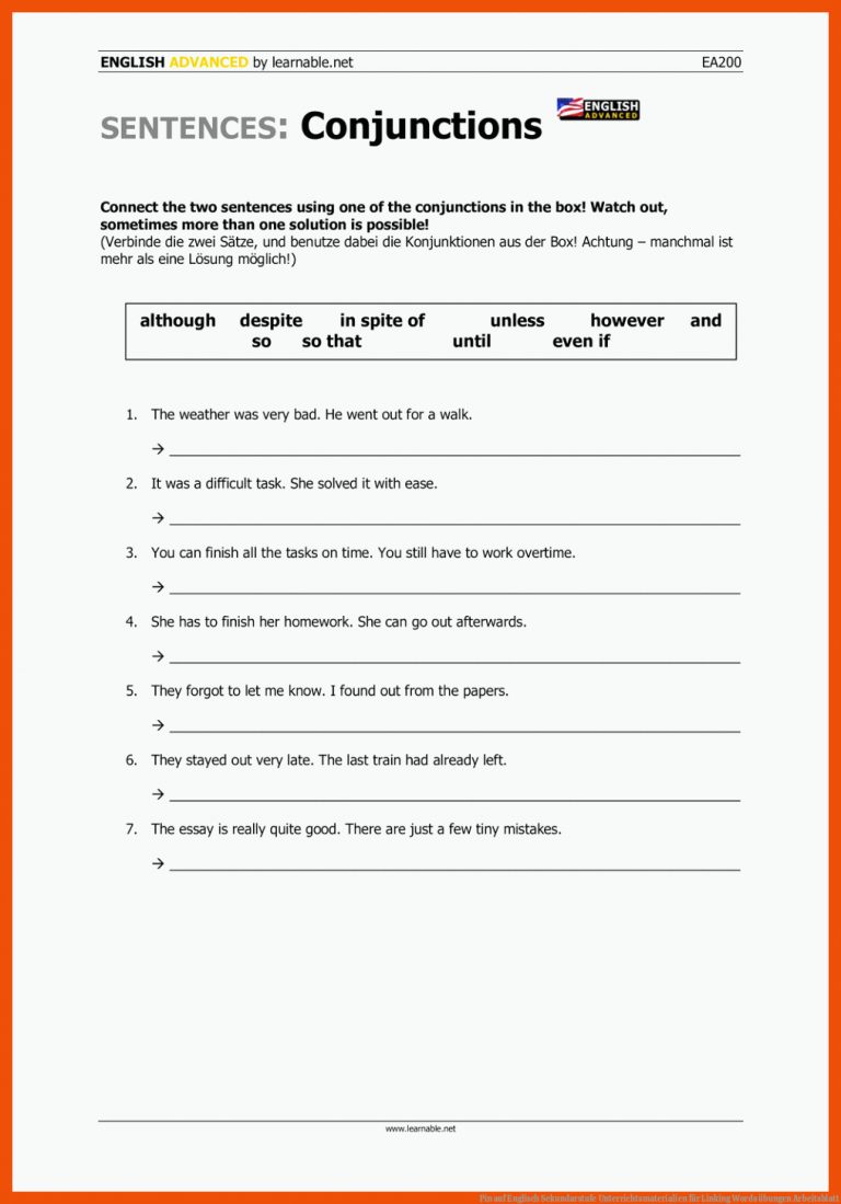 Pin auf Englisch Sekundarstufe Unterrichtsmaterialien für linking words übungen arbeitsblatt