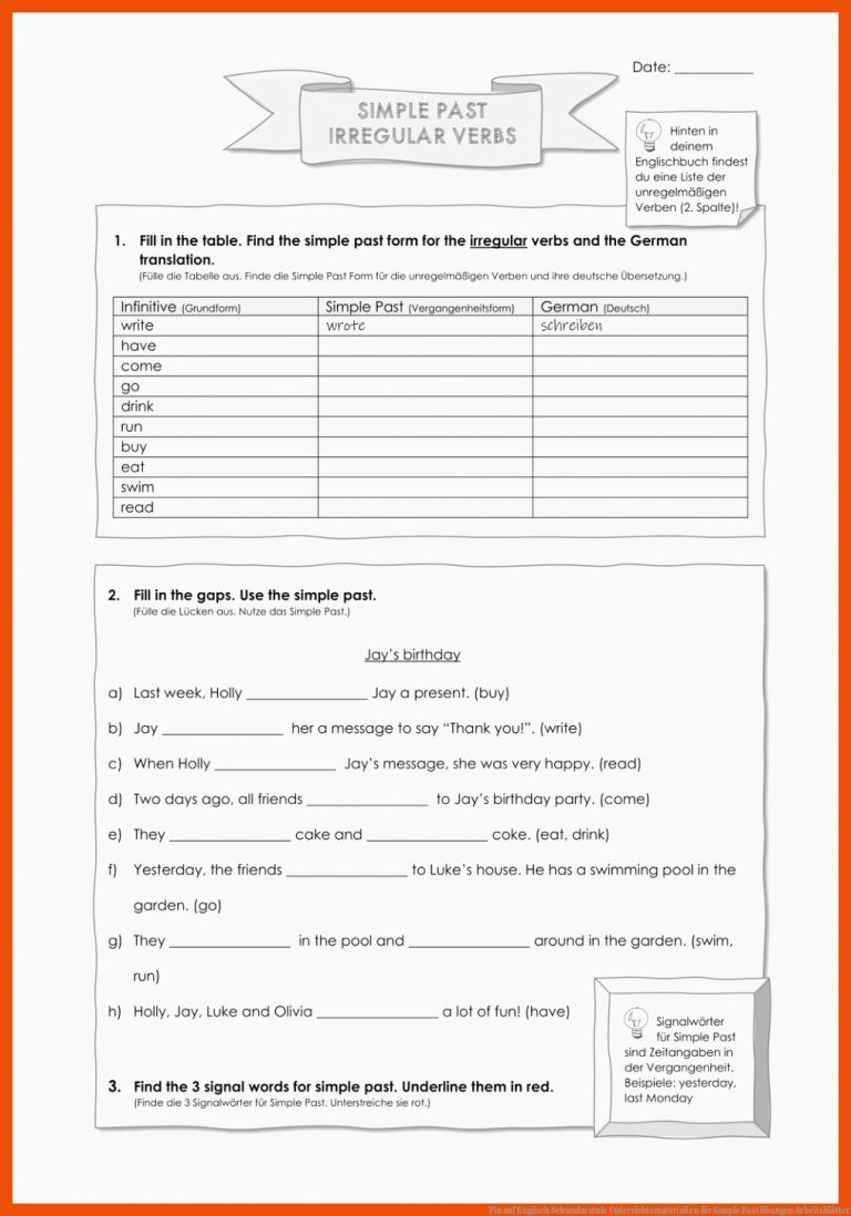 Pin Auf Englisch Sekundarstufe Unterrichtsmaterialien Fuer Simple Past übungen Arbeitsblätter