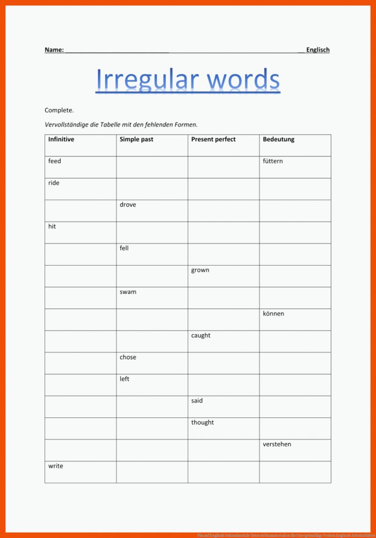 Pin auf Englisch Sekundarstufe Unterrichtsmaterialien für unregelmäßige verben englisch arbeitsblätter