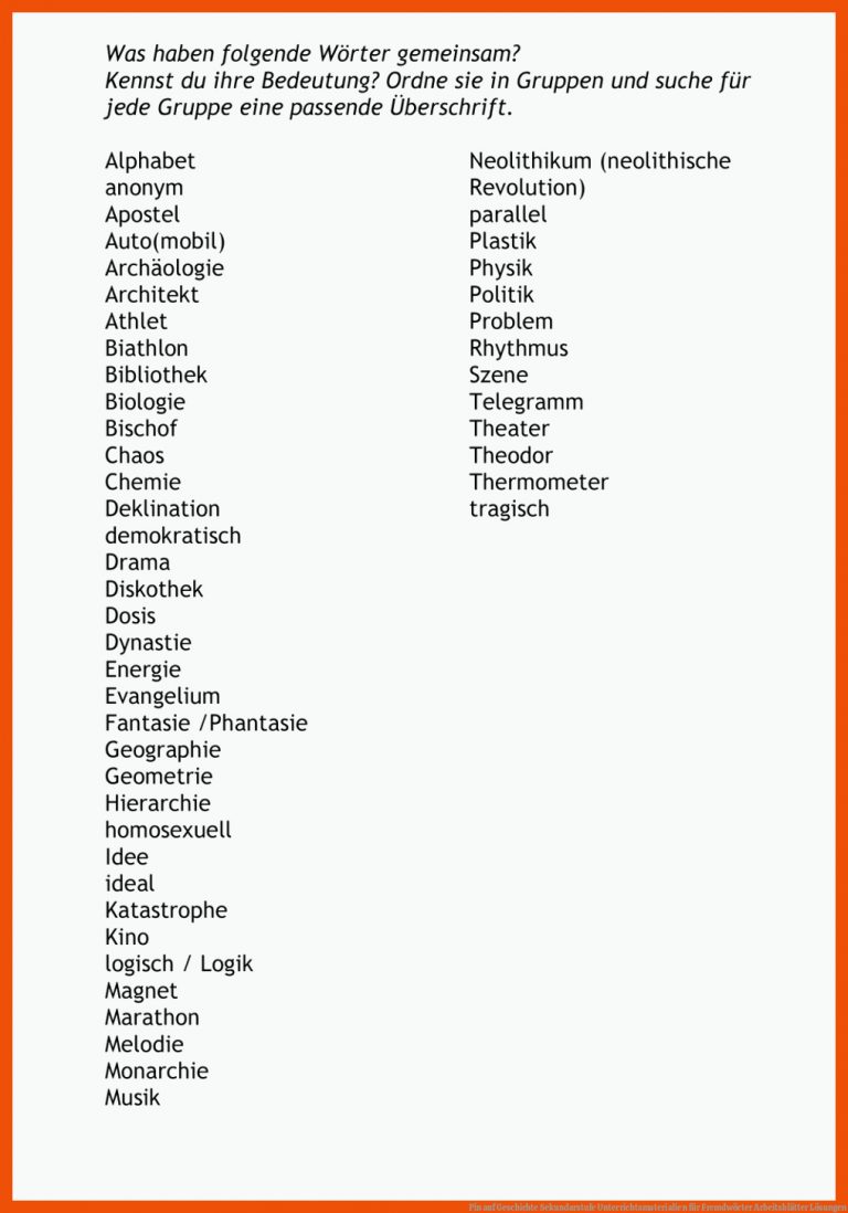 Pin auf Geschichte Sekundarstufe Unterrichtsmaterialien für fremdwörter arbeitsblätter lösungen