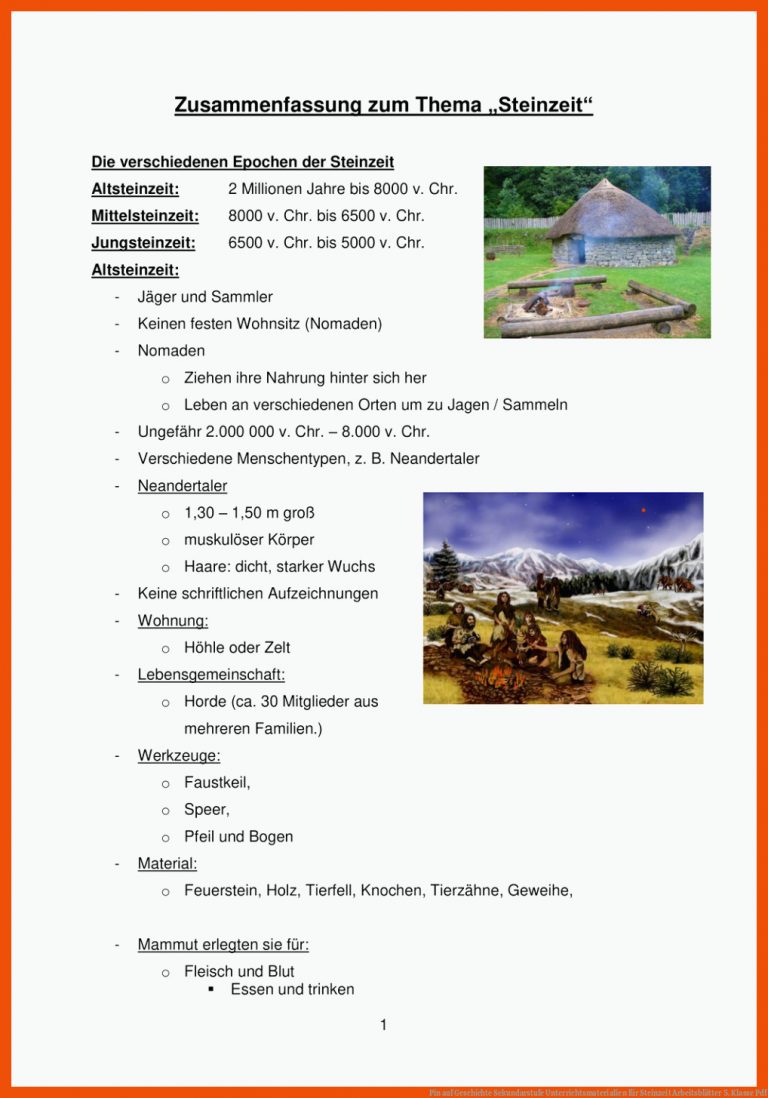 Pin auf Geschichte Sekundarstufe Unterrichtsmaterialien für steinzeit arbeitsblätter 5. klasse pdf