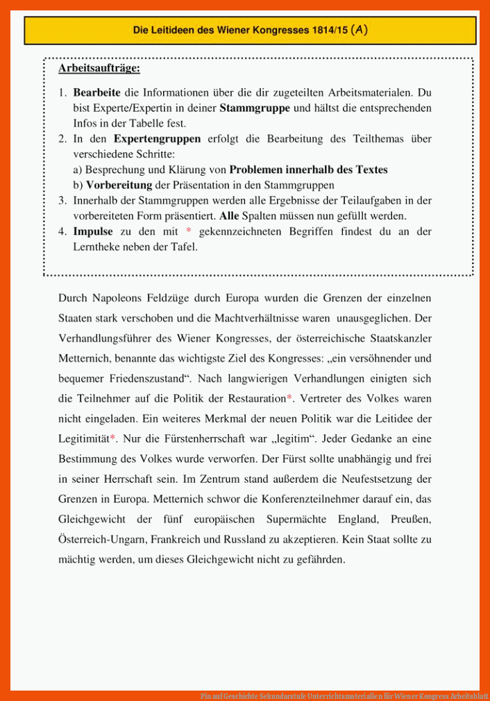 Pin auf Geschichte Sekundarstufe Unterrichtsmaterialien für wiener kongress arbeitsblatt