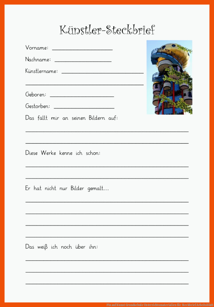 Pin auf Kunst Grundschule Unterrichtsmaterialien für steckbrief arbeitsblatt