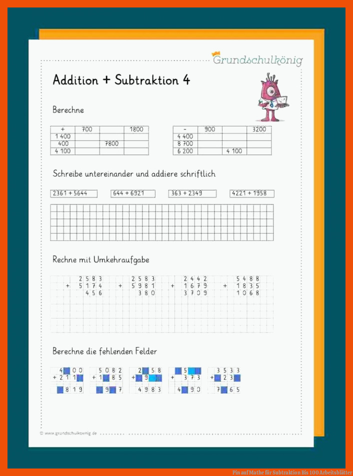 Pin auf Mathe für subtraktion bis 100 arbeitsblätter