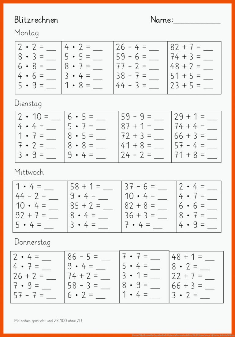 Pin auf Mathematik Grundschule Unterrichtsmaterialien für blitzrechnen 3 klasse arbeitsblätter
