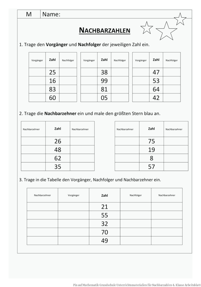 Pin auf Mathematik Grundschule Unterrichtsmaterialien für Nachbarzahlen 4. Klasse Arbeitsblatt