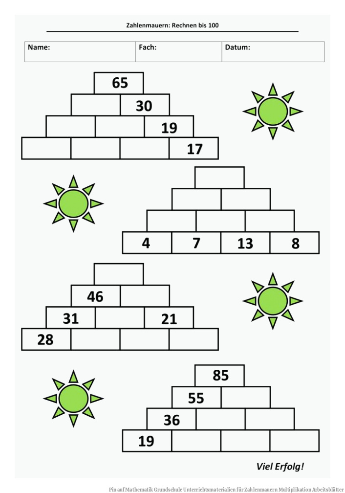 Pin auf Mathematik Grundschule Unterrichtsmaterialien für Zahlenmauern Multiplikation Arbeitsblätter