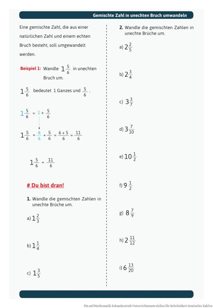 Pin auf Mathematik Sekundarstufe Unterrichtsmaterialien für Arbeitsblatt Gemischte Zahlen