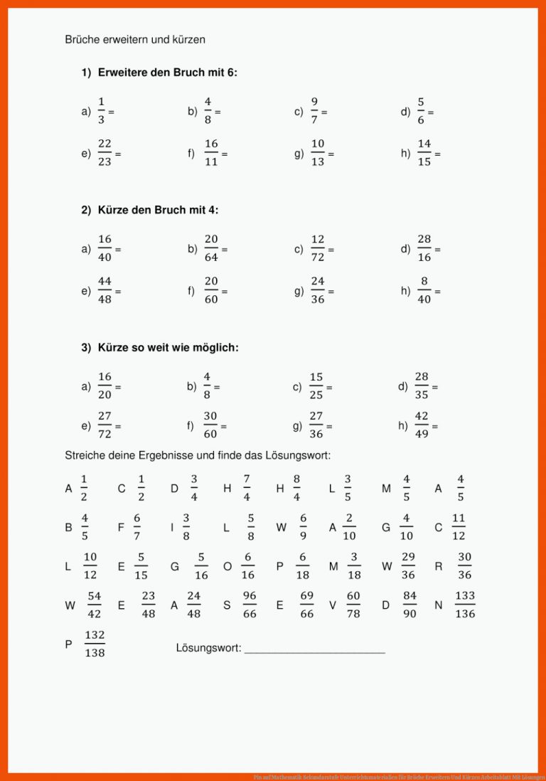 Pin Auf Mathematik Sekundarstufe Unterrichtsmaterialien Fuer Brüche Erweitern Und Kürzen Arbeitsblatt Mit Lösungen