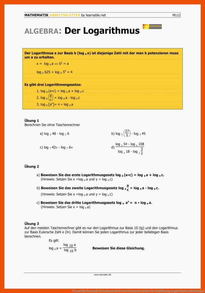 Pin auf Mathematik Sekundarstufe Unterrichtsmaterialien für einführung logarithmus arbeitsblatt
