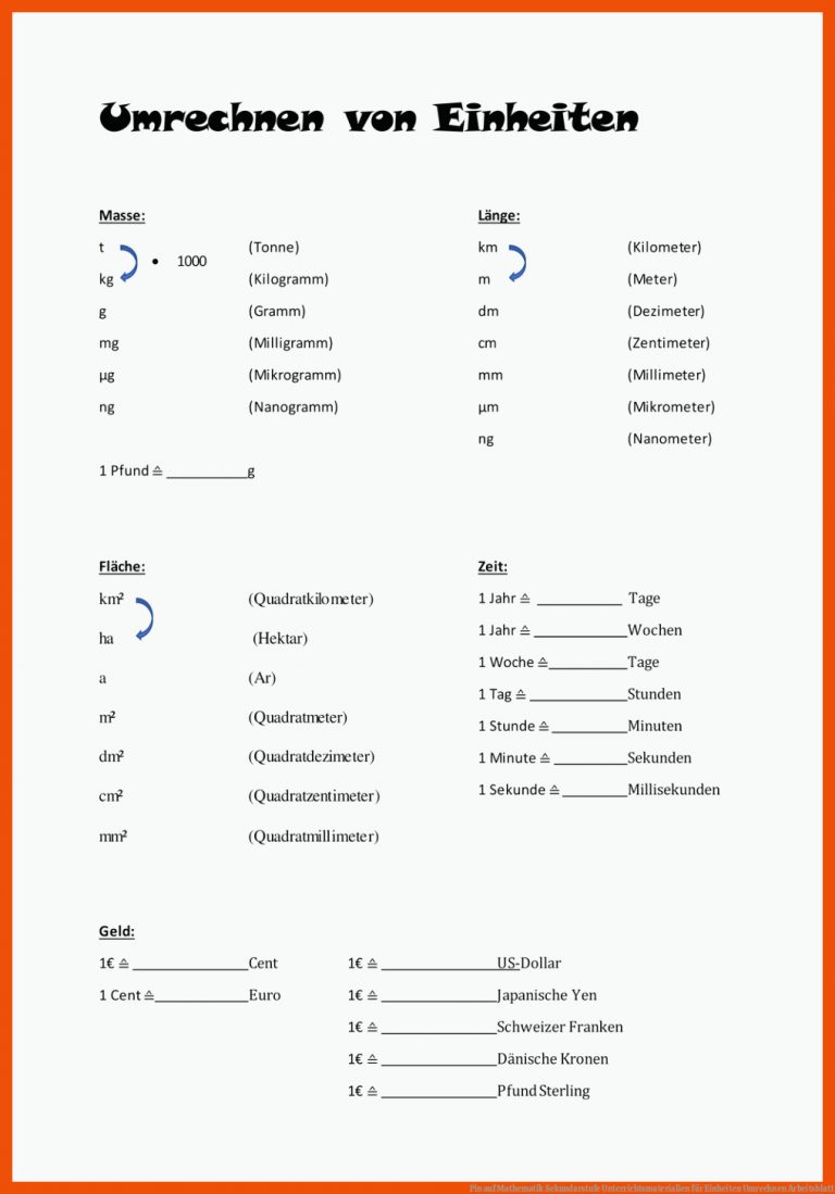 Pin Auf Mathematik Sekundarstufe Unterrichtsmaterialien Fuer Einheiten Umrechnen Arbeitsblatt