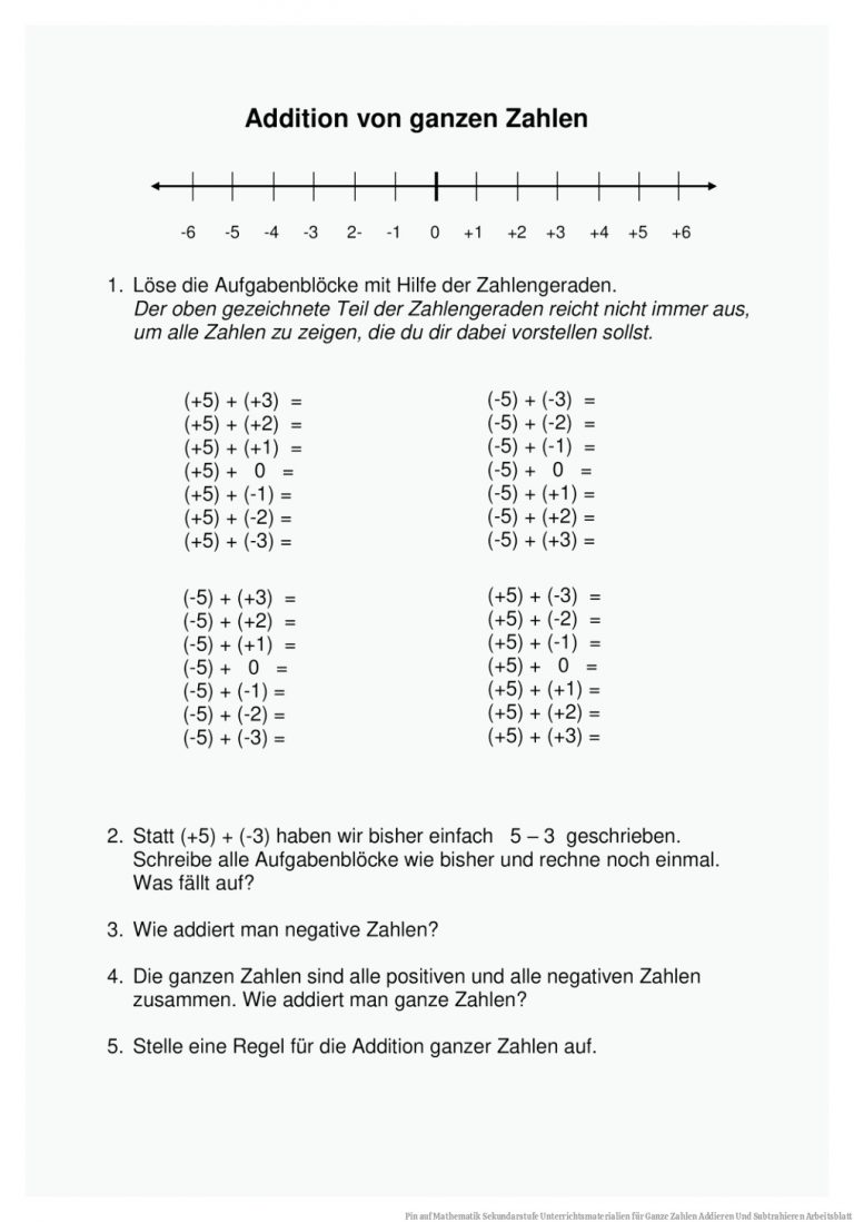 Pin auf Mathematik Sekundarstufe Unterrichtsmaterialien für Ganze Zahlen Addieren Und Subtrahieren Arbeitsblatt