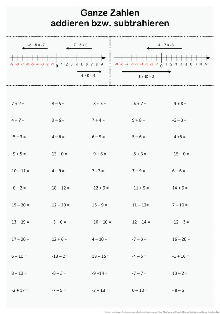 Pin auf Mathematik Sekundarstufe Unterrichtsmaterialien für Ganze Zahlen Addieren Und Subtrahieren Arbeitsblatt