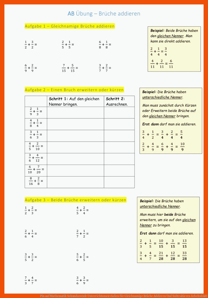 Pin auf Mathematik Sekundarstufe Unterrichtsmaterialien für gleichnamige brüche addieren und subtrahieren arbeitsblatt