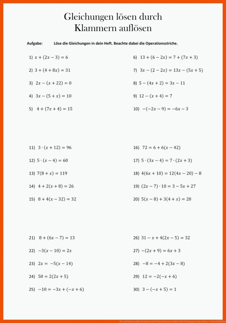 Pin auf Mathematik Sekundarstufe Unterrichtsmaterialien für gleichungen lösen klasse 7 arbeitsblätter