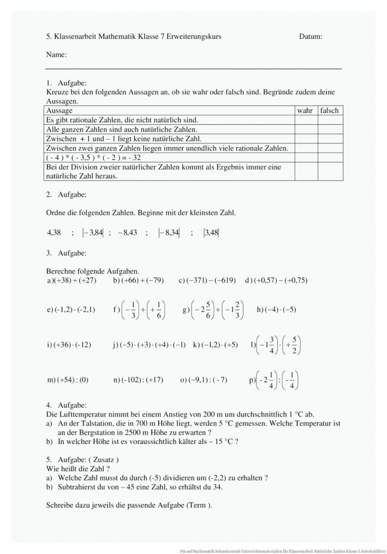 Pin auf Mathematik Sekundarstufe Unterrichtsmaterialien für Klassenarbeit Natürliche Zahlen Klasse 5 Arbeitsblätter