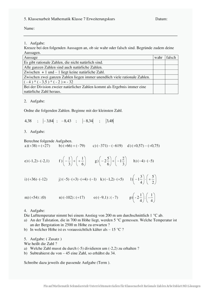 Pin auf Mathematik Sekundarstufe Unterrichtsmaterialien für Klassenarbeit Rationale Zahlen Arbeitsblatt Mit Lösungen
