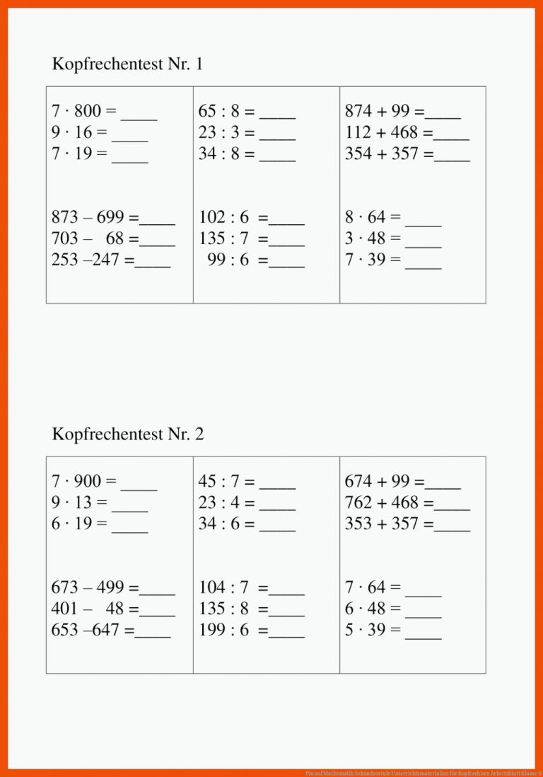 Pin auf Mathematik Sekundarstufe Unterrichtsmaterialien für kopfrechnen arbeitsblatt klasse 9