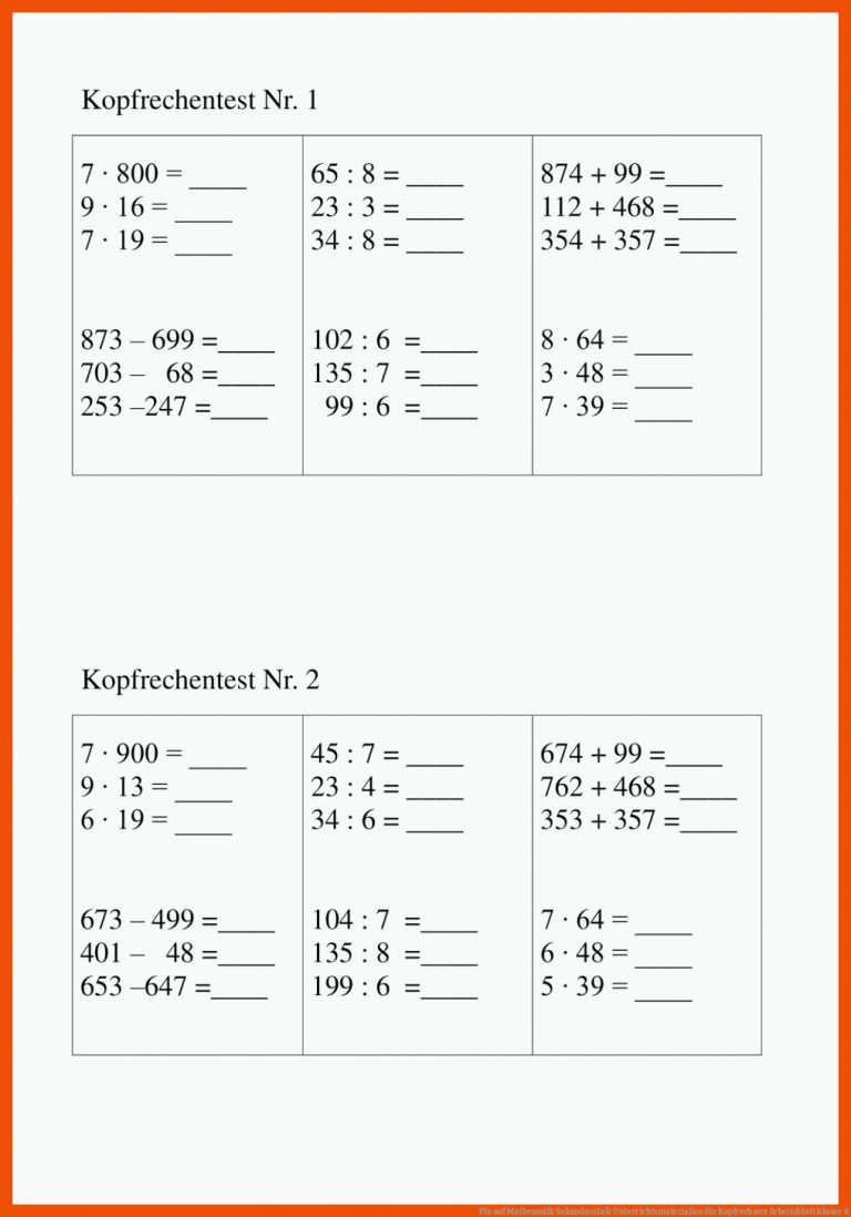 Pin Auf Mathematik Sekundarstufe Unterrichtsmaterialien Fuer Kopfrechnen Arbeitsblatt Klasse 9