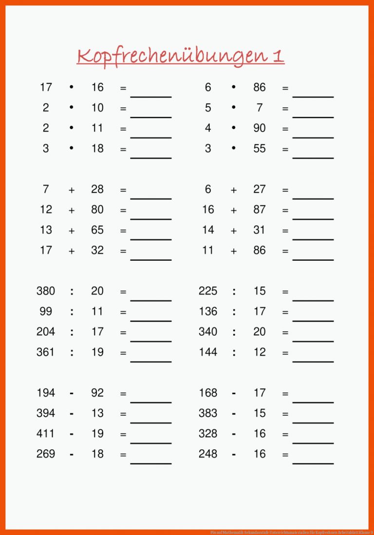 Pin auf Mathematik Sekundarstufe Unterrichtsmaterialien für kopfrechnen arbeitsblatt klasse 9