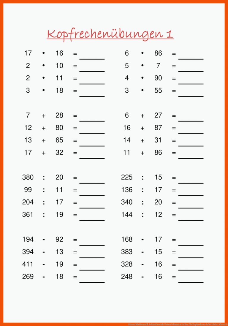 Pin Auf Mathematik Sekundarstufe Unterrichtsmaterialien Fuer Kopfrechnen Arbeitsblatt Klasse 9