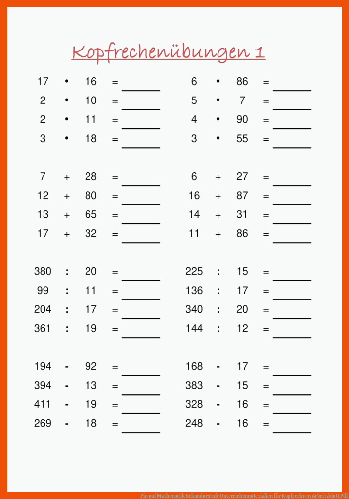 Pin auf Mathematik Sekundarstufe Unterrichtsmaterialien für kopfrechnen arbeitsblatt pdf