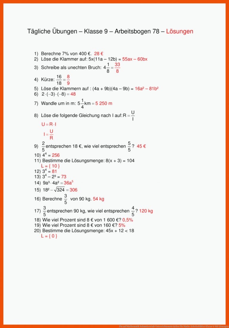 Pin auf Mathematik Sekundarstufe Unterrichtsmaterialien für mathe arbeitsblätter klasse 6 mit lösungen