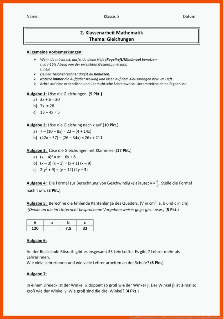 Pin auf Mathematik Sekundarstufe Unterrichtsmaterialien für mathe arbeitsblätter klasse 8