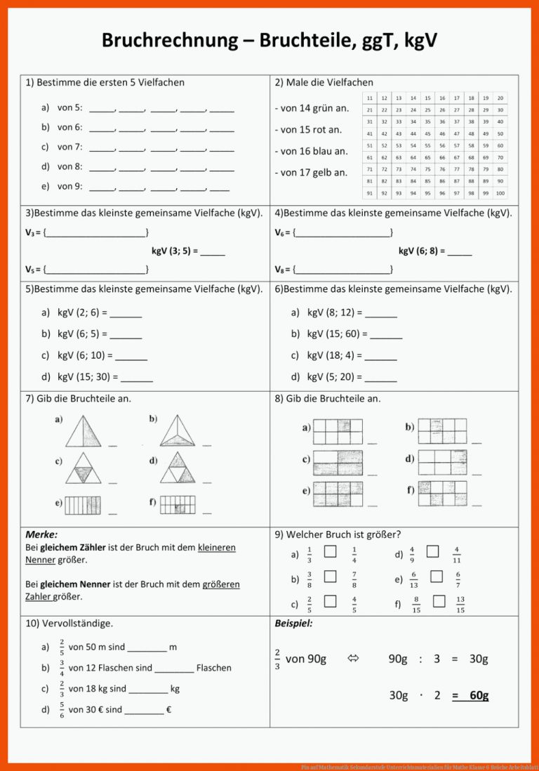 Pin auf Mathematik Sekundarstufe Unterrichtsmaterialien für mathe klasse 6 brüche arbeitsblatt