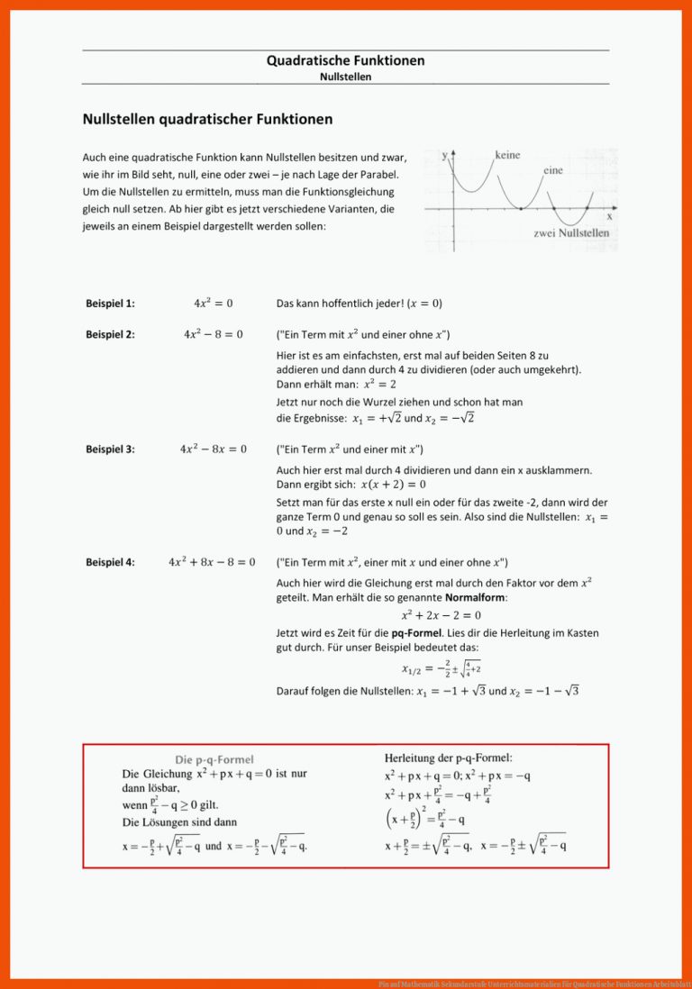 Pin auf Mathematik Sekundarstufe Unterrichtsmaterialien für quadratische funktionen arbeitsblatt