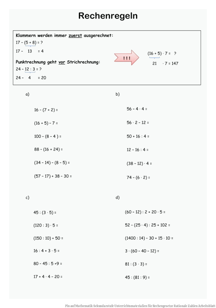 Pin auf Mathematik Sekundarstufe Unterrichtsmaterialien für Rechengesetze Rationale Zahlen Arbeitsblatt