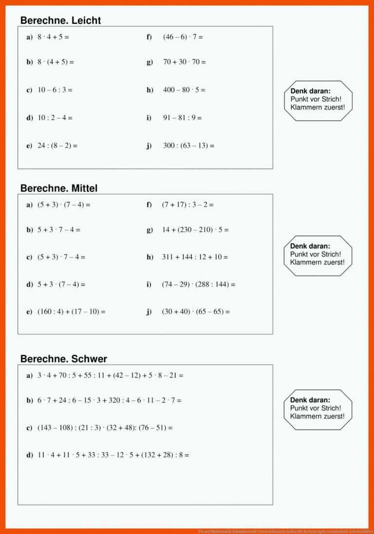 Pin auf Mathematik Sekundarstufe Unterrichtsmaterialien für rechenregeln grundschule arbeitsblätter