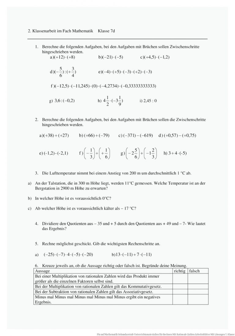 Pin auf Mathematik Sekundarstufe Unterrichtsmaterialien für Rechnen Mit Rationale Zahlen Arbeitsblätter Mit Lösungen 7. Klasse