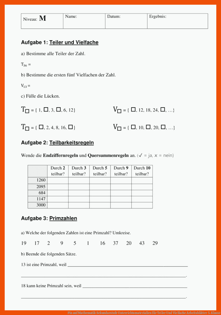 Pin auf Mathematik Sekundarstufe Unterrichtsmaterialien für teiler und vielfache arbeitsblätter 5. klasse