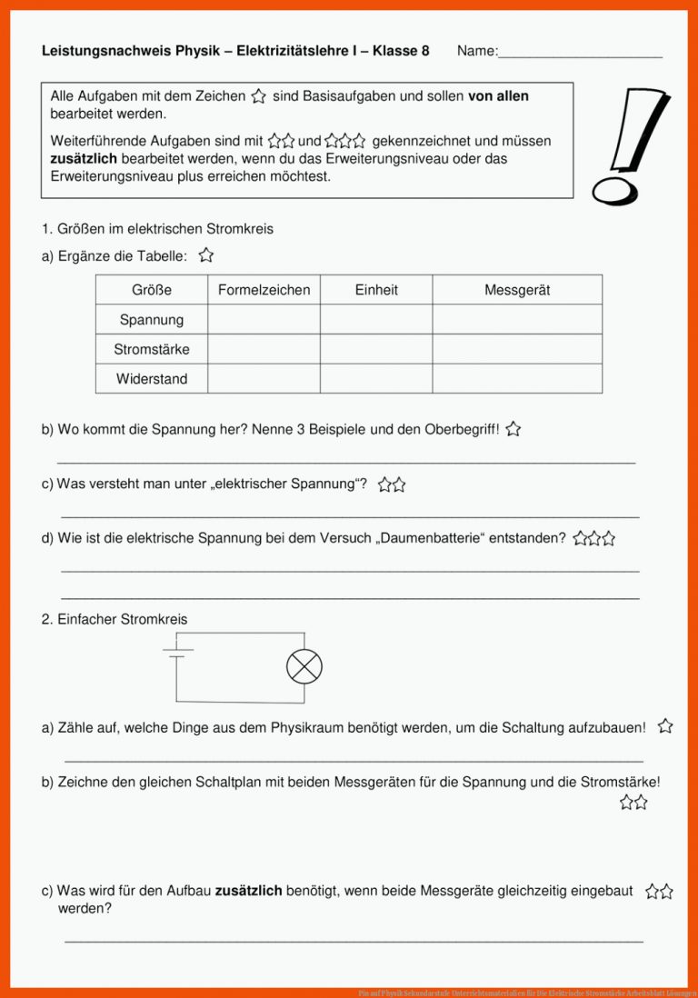 Pin auf Physik Sekundarstufe Unterrichtsmaterialien für die elektrische stromstärke arbeitsblatt lösungen