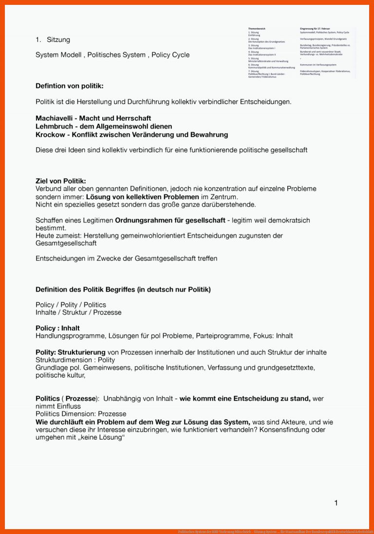 Politisches System der BRD Vorlesung Mitschrieb - Sitzung System ... für staatsaufbau der bundesrepublik deutschland arbeitsblatt